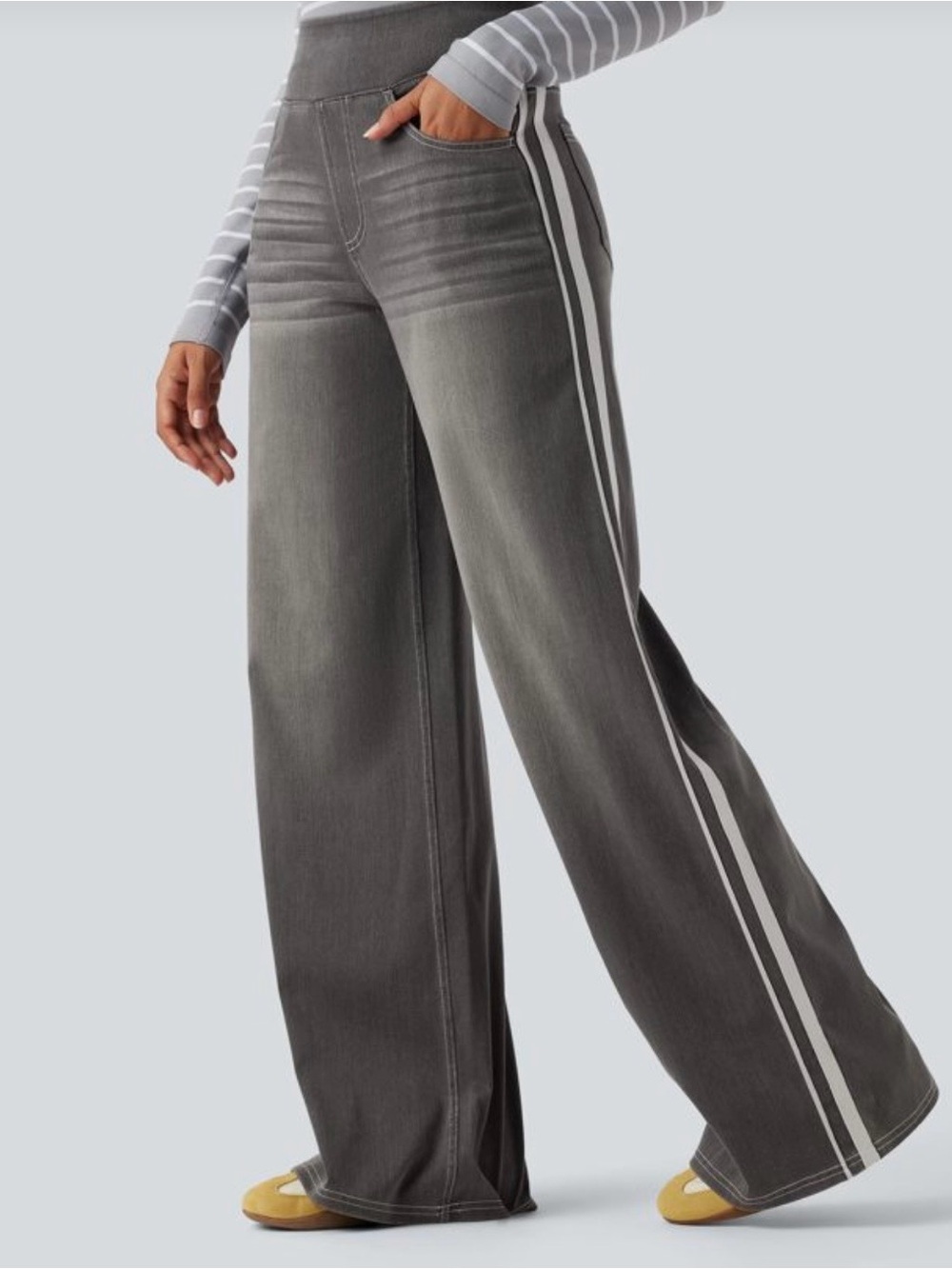 HALARA Flex High Waisted Side Stripe Flowy washed Wide-Leg Jeans with Pockets.